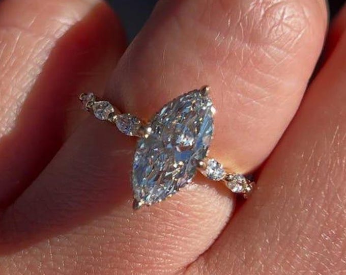 3 CT Marquise Moissanite Engagement Ring, Hidden Halo Marquise Wedding Ring, Marquise Accent Ring, 4-Prong Marquise Solitaire Ring