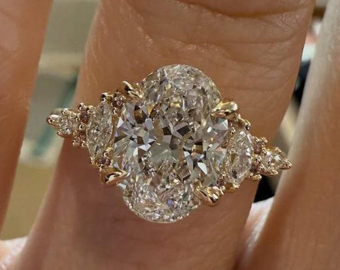 3CT Oval Cut Moissanite Engagement Ring 14K Yellow Gold Marquise Side Stones Unique Bridal Ring Oval Moissanite Promise Ring