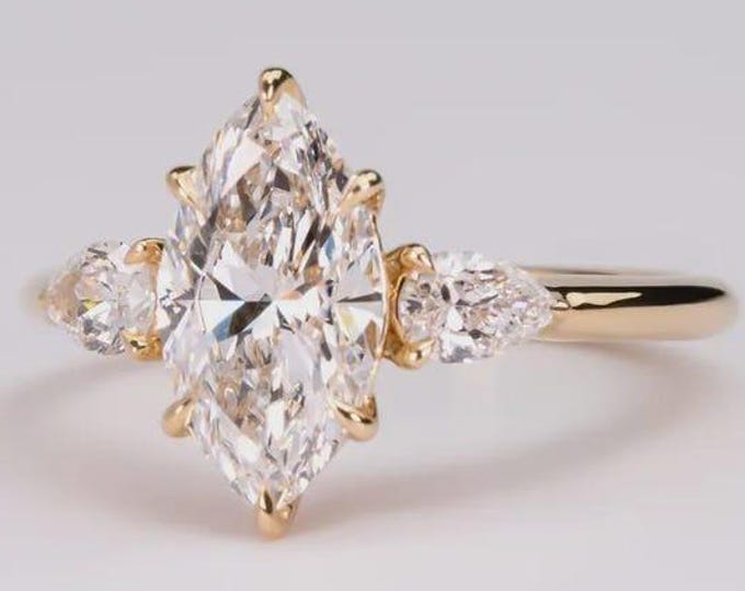 3 CT Marquise Cut Three Stone Moissanite Diamond Engagement Ring ,14k Solid Gold Ring Handmade Jewelry Anniversary And Birthday Gift for Her