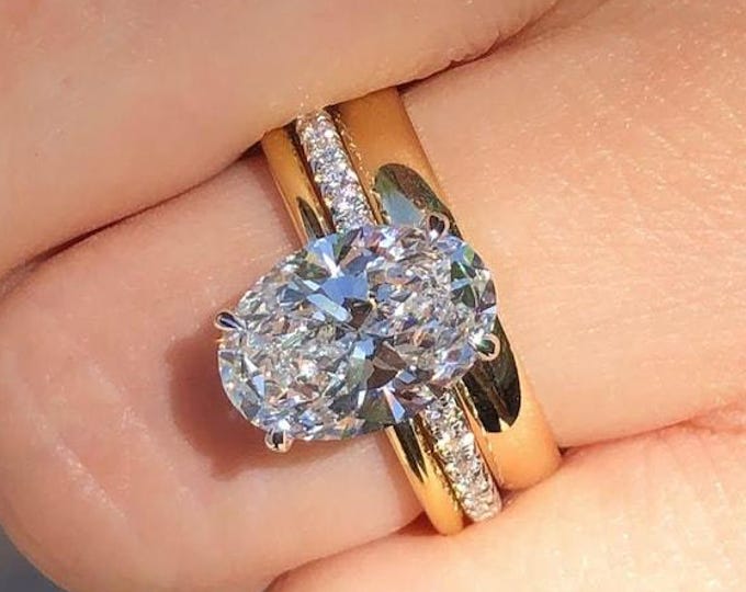 4 CT Oval Moissanite Diamond Bridal Ring Set ,14k Solid Gold Engagement Ring With Matching Gold Diamond Bands , Piece Wedding Ring Set Her