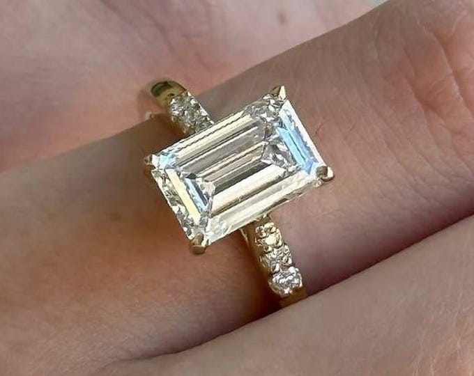 3 CT Emerald Cut Solitare Moissanite Ring , Diamond Band Engagement Ring , Brilliant Stone , Unique Wedding Or Proposal Ring Gift For Her