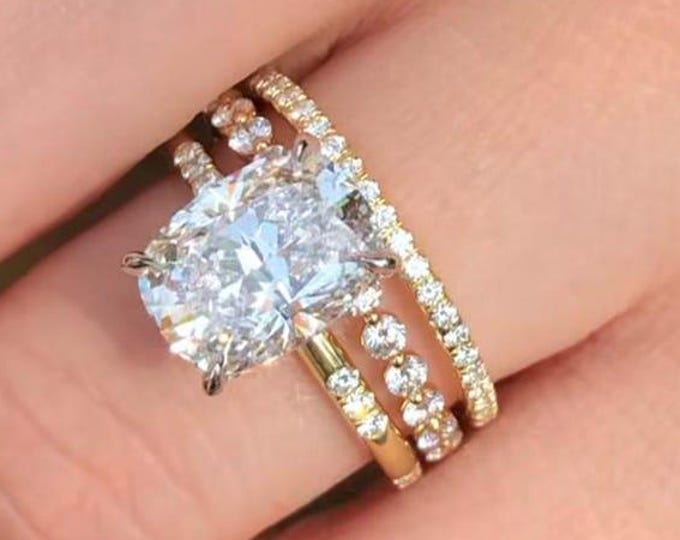 3 CT Elongated Cushion Cut Moissanite Diamond Engagement Ring Cushion Hidden Halo Diamond Ring Wedding Ring Anniversary Gift