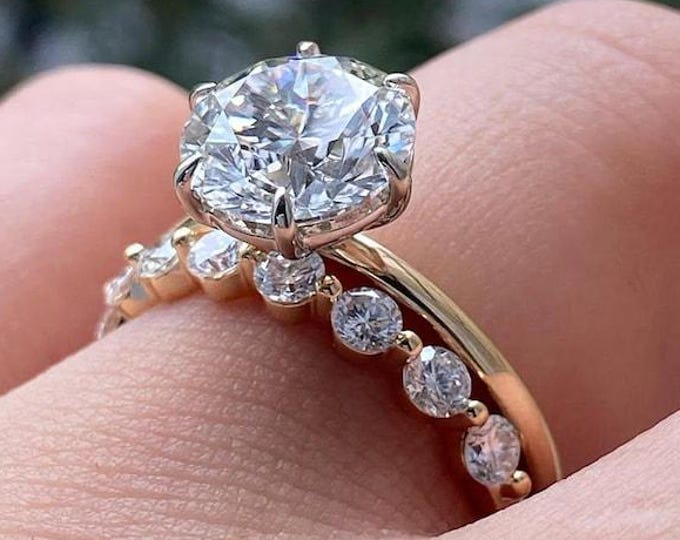 Moissanite Bridal Ring Set Rose Gold | 2 CT Round Cut Engagement Ring & Matching Wedding Band | Vintage Inspired Diamond Accent Set