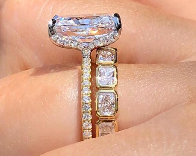 3 CT Radiant Cut Moissanite Engagement Ring, Full Eternity Matching Wedding Band, Hidden Halo Bridal Ring Set, Anniversary Gift For Her