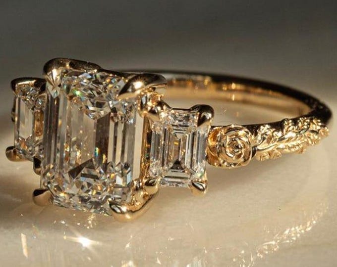 4 CT Emerald Cut Moissanite Diamond Engagement Ring, Three Stone Gold Ring with Intricate Floral Detailing, Elegant Art Deco Bridal Jewelry