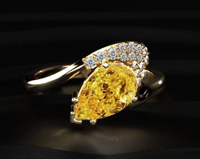 2CT Yellow Pear Diamond Engagement Ring, Lab Grown Diamond Ring, Curved Pave Diamond Ring, Unique Gold Ring, Luxury Proposal Ring