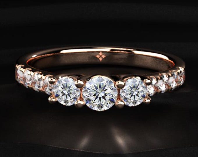 Three Stone Diamond Ring, Round Cut Engagement Ring, Pave Band Ring, Lab Grown Diamond Ring, Minimalist Bridal Ring Gift