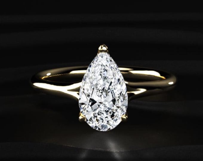 Pear Cut Lab Grown Diamond Engagement Ring, Teardrop Solitaire Ring, Yellow Gold Pear Diamond Ring, Minimal Bridal Ring Gift for Her