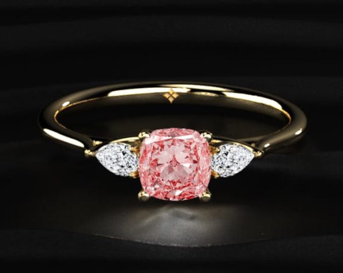 Pink Cushion Cut Engagement Ring, Lab Grown Diamond Ring, Three Stone Ring, Pear Side Stone Ring, Gold Bridal Ring Gift
