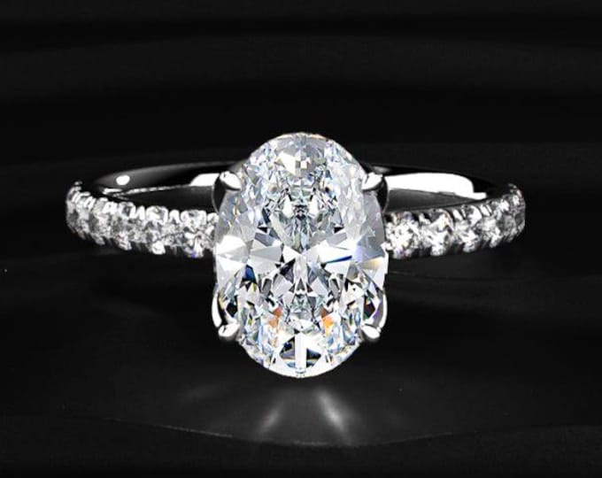 4CT Oval Lab Grown Diamond Ring, Pavé Band Engagement Ring, Tulip Setting Ring, 14K Gold Solitaire Ring, Solitaire Ring, Gift For Her