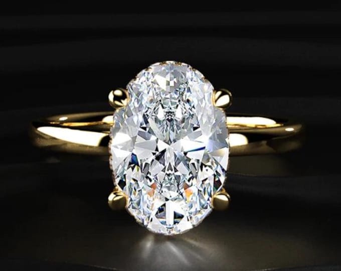4.00 CT Oval Cut Lab Grown Diamond Ring, Hidden Halo Engagement Ring, Solitaire Diamond Ring, 14K Gold Wedding Ring Gift