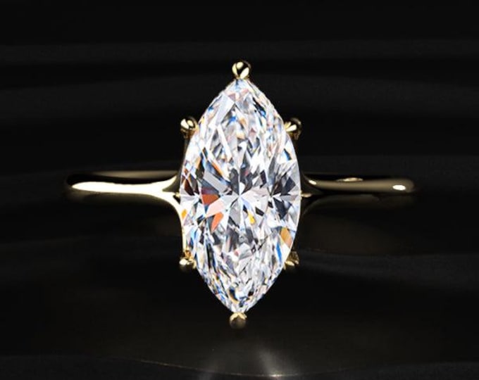 Marquise Cut Lab Grown Diamond Engagement Ring, Solitaire Diamond Ring, Yellow Gold Marquise Ring, Minimal Bridal Ring Gift for Her