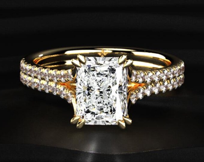 3CT Radiant Cut Lab Grown Diamond Ring, Double Pave Split Shank Engagement Ring, Hidden Diamond Ring, 14K Gold Bridal Ring