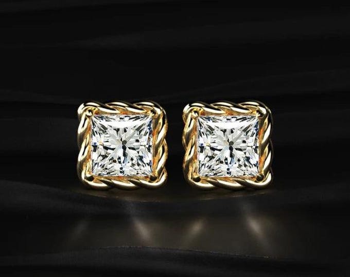 Princess Cut Diamond Stud Earrings Rope Halo Lab Grown Diamond Square Studs Yellow Gold Minimalist Fine Jewelry Gift