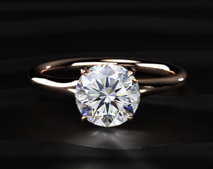 Round Cut Lab Grown Diamond Engagement Ring, Hidden Halo Solitaire Ring, Gold Diamond Ring, Classic Bridal Ring, Anniversary Gift for Her
