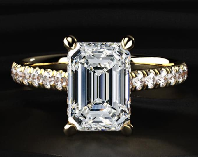 2.50CT Emerald Cut Lab Grown Diamond Ring, Hidden Halo Engagement Ring, Pave Band Solitaire Ring, Gold Wedding Ring Gift