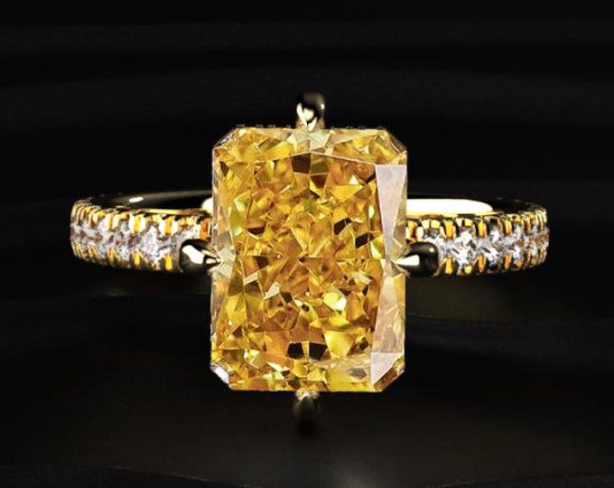 3.00 CT Yellow Radiant Diamond Ring, Pave Band Engagement Ring, Prong Set Gold Ring, Lab Grown Diamond Bridal Jewelry