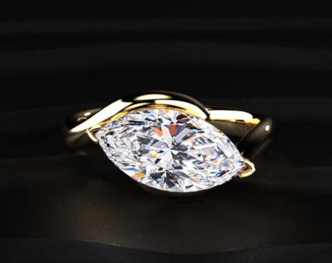 Marquise Cut Lab Grown Diamond Engagement Ring, Bezel Set Marquise Diamond Ring, Unique Gold Solitaire Ring, Modern Bridal Ring Gift