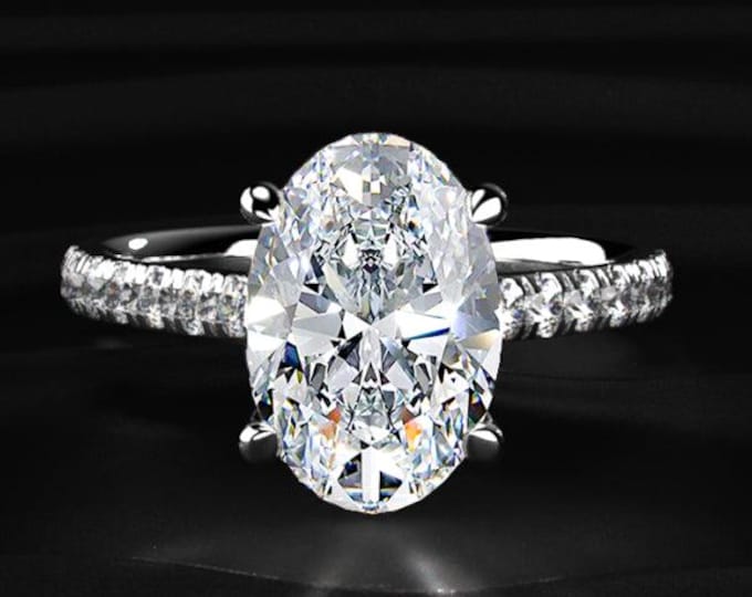 3.50CT Oval Cut Lab Grown Diamond Engagement Ring, Hidden Halo Diamond Ring, Pave Band Solitaire Ring, Gold Wedding Ring Gift For Her
