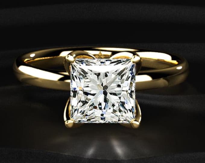 Princess Cut Diamond Ring, Lab Grown Diamond Engagement Ring, Solitaire Gold Ring, Unique Hidden Detail Ring, Gift for Her