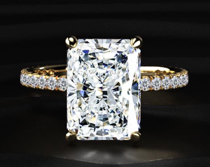 Radiant Cut Lab Grown Diamond Engagement Ring, Hidden Halo Diamond Ring, Pave Band Yellow Gold Ring, Solitaire Bridal Ring Gift