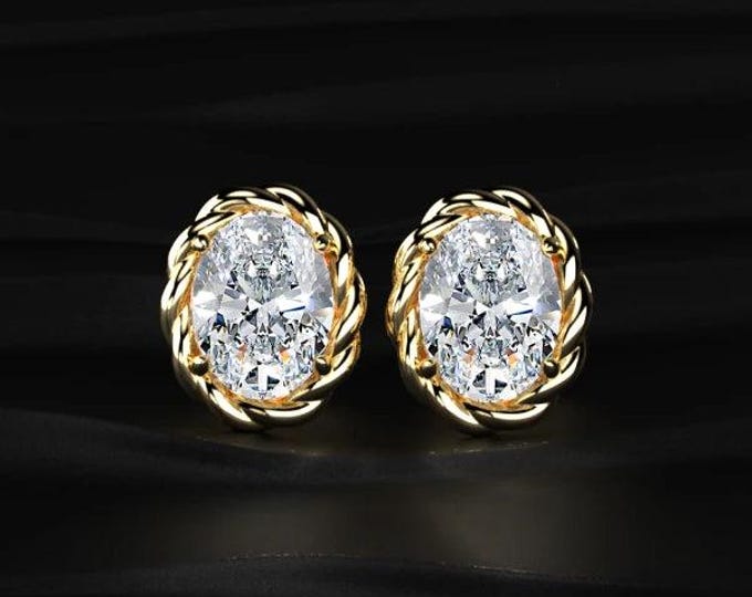 Oval Diamond Stud Earrings Rope Halo Lab Grown Diamond Studs Yellow Gold Minimalist Elegant Jewelry Gift for Her