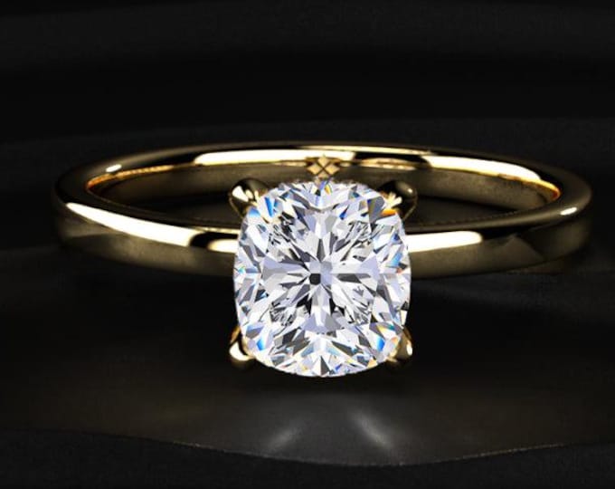 2CT Cushion Cut Lab Grown Diamond Ring, Hidden Halo Engagement Ring, Solitaire Diamond Ring, 14K Gold Wedding Ring Gift