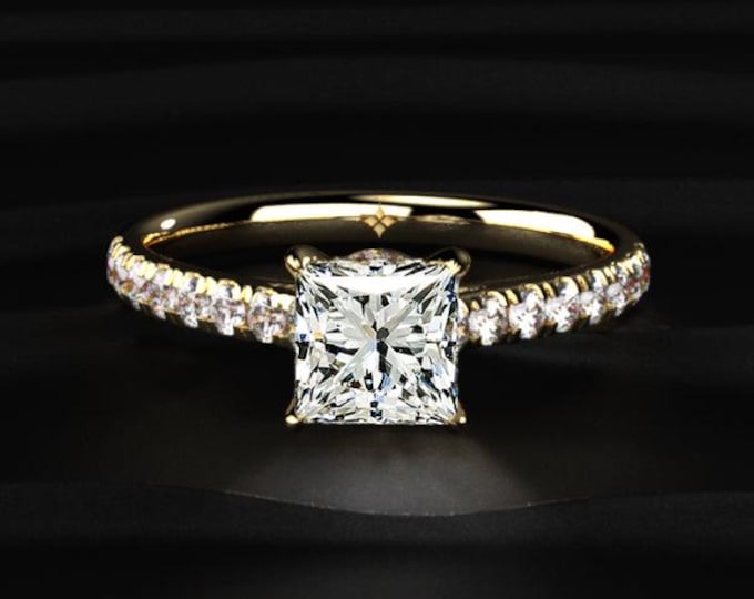 2 CT Princess Cut Lab Grown Diamond Ring, Hidden Halo Engagement Ring, Pave Band Solitaire Ring, Gold Wedding Ring Gift For Her