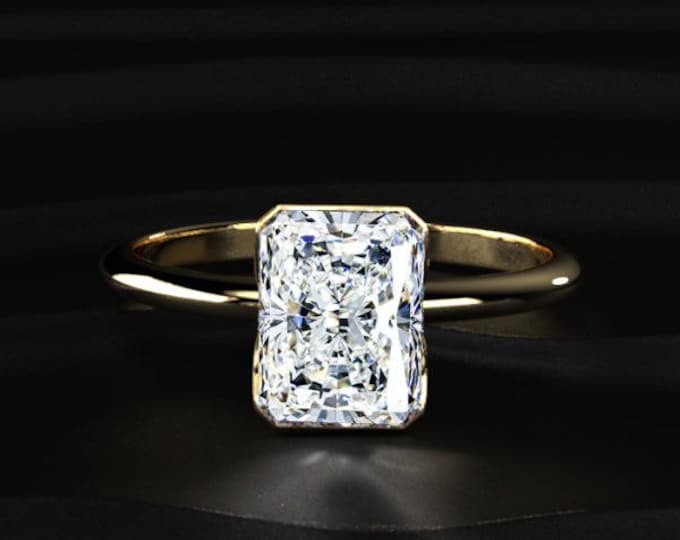 Radiant Cut Lab Grown Diamond Ring, Bezel Set Engagement Ring, Gold Solitaire Diamond Ring, Minimal Modern Bridal Ring Gift for Her