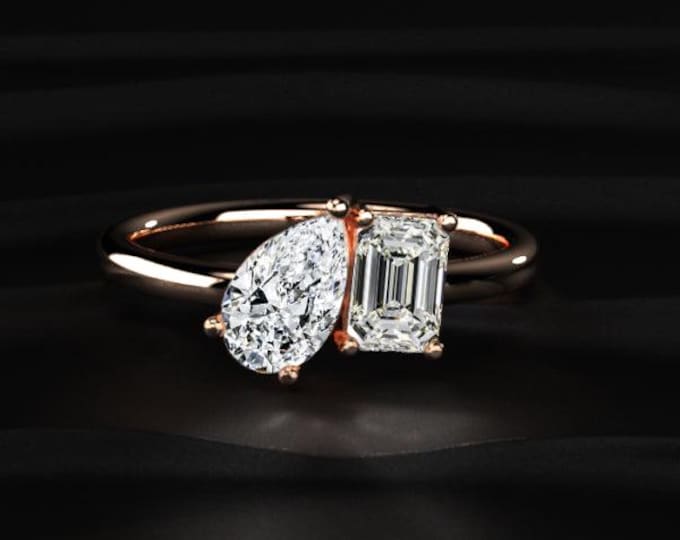 Toi Et Moi Diamond Ring Pear Emerald Cut, Lab Grown Diamond Engagement Ring, Two Stone Ring, Unique Bridal Ring Gift for Her