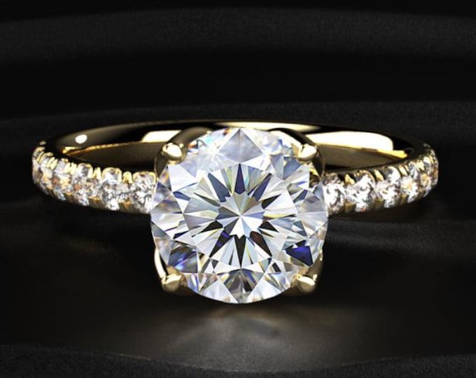 Round Cut Diamond Engagement Ring, Lab Grown Diamond Ring, Pavé Band Solitaire Ring, Hidden Leaf Detail Ring, Gold Bridal Ring