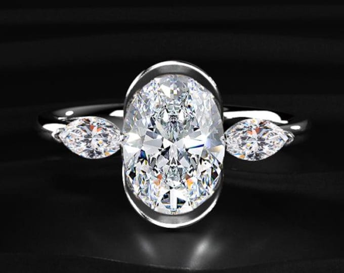 Oval Cut Diamond Engagement Ring, Bezel Set Diamond Ring, Marquise Side Stone Ring, Lab Grown Diamond Ring, Minimalist Gold Ring