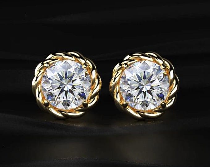 Round Diamond Stud Earrings Rope Halo Lab Grown Diamond Studs Yellow Gold Classic Minimalist Jewelry Gift for Her