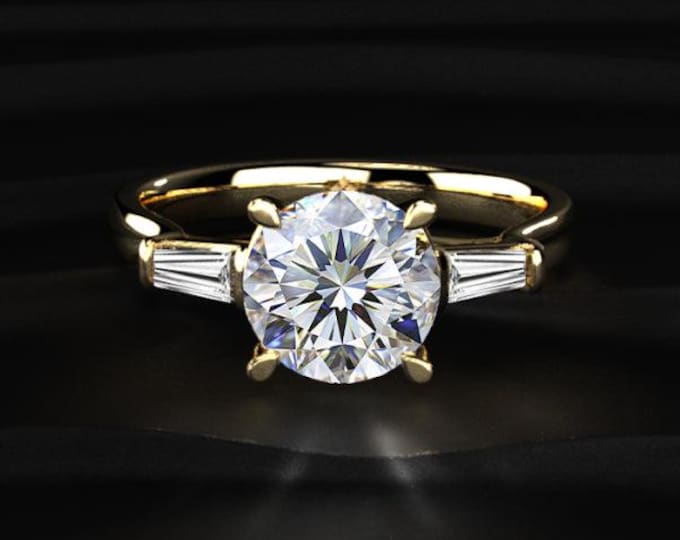 2.50CT Round Cut Lab Grown Diamond Ring, Baguette Side Stone Engagement Ring, Three Stone Diamond Ring, 14K Gold Bridal Ring