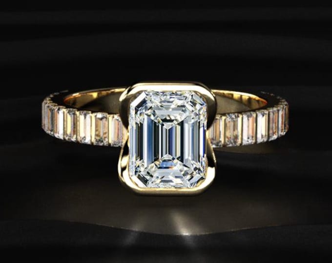 Emerald Cut Bezel Set Engagement Ring, Lab Grown Diamond Ring, Baguette Band Ring, Gold Minimalist Ring, Wedding Ring Gift