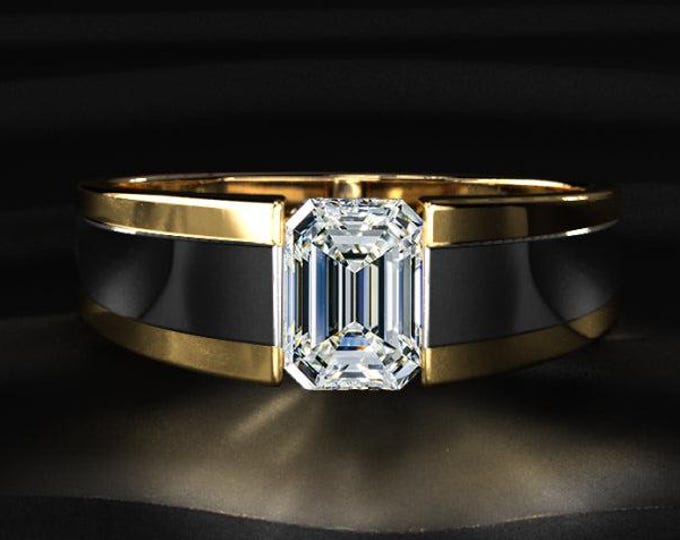 Mens 2CT Emerald Cut Lab Grown Diamond Ring, Two Tone Gold Mens Ring, Wide Band Engagement Ring For Him, Luxury Mens Ring