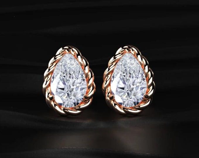 Pear Shape Diamond Stud Earrings Rope Halo Lab Grown Diamond Studs Rose Gold Minimalist Teardrop Jewelry Gift