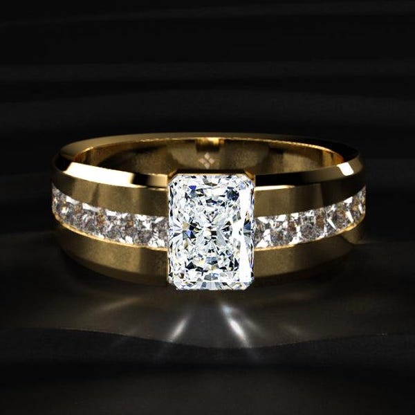 Men's Radiant Cut Diamond Ring 1CT, Gold Wide Band Ring, Men's Engagement Ring, Statement Diamond Ring, Luxury Wedding Band