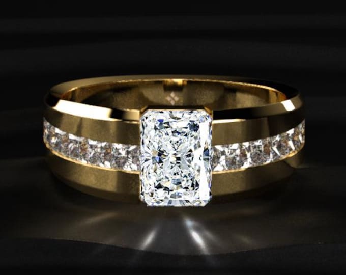 Men's Radiant Cut Diamond Ring 1CT, Gold Wide Band Ring, Men's Engagement Ring, Statement Diamond Ring, Luxury Wedding Band