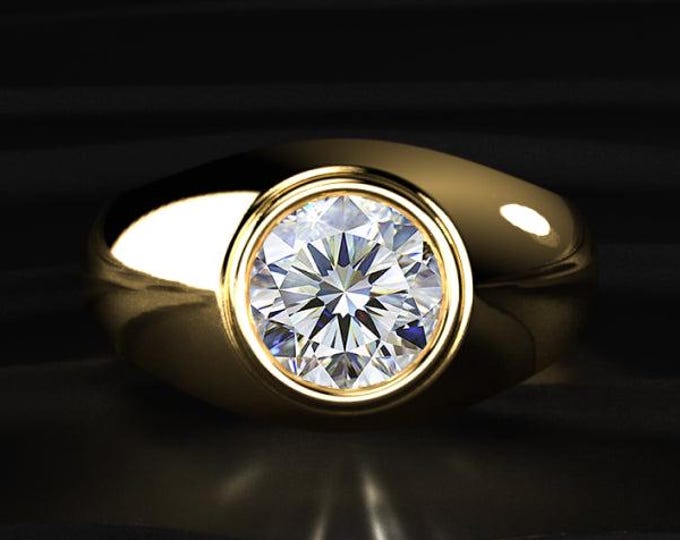 Mens Lab Grown Diamond Ring 2.50CT Round Cut, Bezel Set Gold Ring, Mens Engagement Ring, Luxury Wedding Band For Him