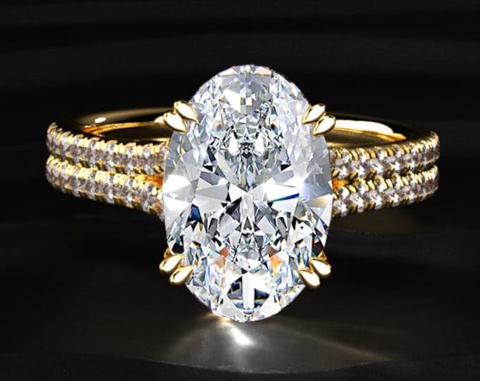 4.00CT Oval Cut Lab Grown Diamond Ring, Double Pavé Hidden Halo Ring, Oval Engagement Ring, 14K Gold Wedding Ring Gift