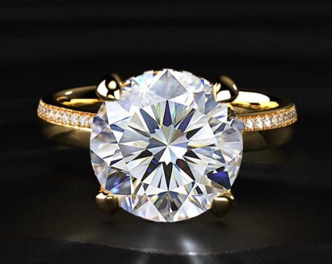 7CT Round Lab Grown Diamond Ring, Hidden Halo Engagement Ring, Pavé Band Ring, 14K Gold Solitaire Ring, Statement Ring, Wedding Ring For Her