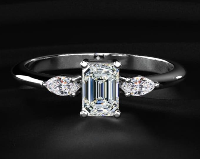 Emerald Cut Diamond Ring, Marquise Side Stone Ring, Three Stone Engagement Ring, Lab Grown Diamond Ring, Unique Bridal Ring Gift