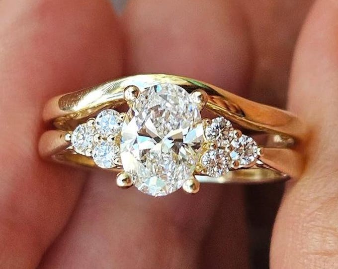 3 Ct Oval Cut Moissanite Wedding Ring Set, Moissanite Engagement Ring Set, Vintage Bridal Set, Art Deco Matching Bands, 14k/18k Gold Ring