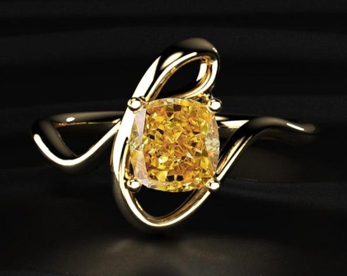 Yellow Cushion Cut Diamond Ring, Modern Twist Engagement Ring, Unique Gold Solitaire Ring, Lab Grown Diamond Ring, Minimalist Bridal Ring