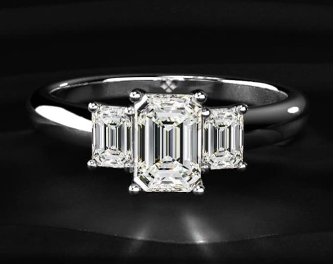Emerald Cut Diamond Ring, Three Stone Engagement Ring, Lab Grown Diamond Ring, Step Cut Bridal Ring, Minimalist Wedding Gift