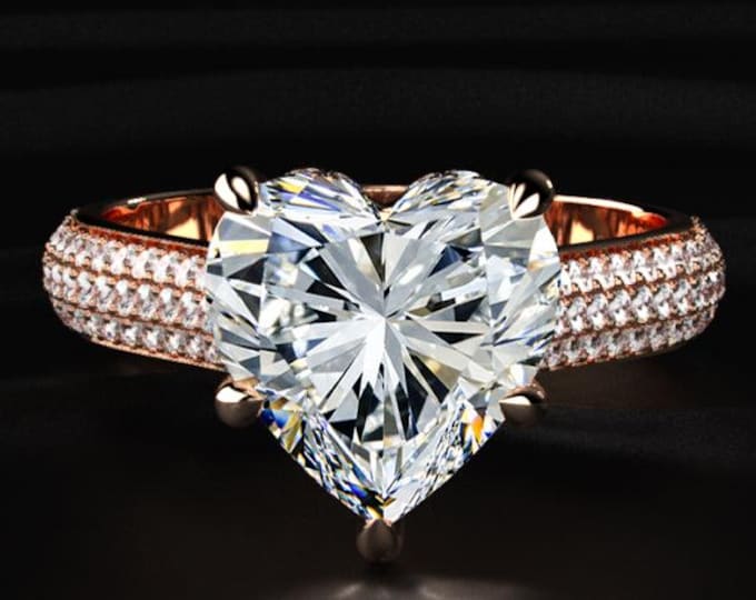 5CT Heart Shape Lab Grown Diamond Ring, Triple Pavé Engagement Ring, Hidden Heart Ring, 14K Gold Promise Ring, Wedding Ring For Her