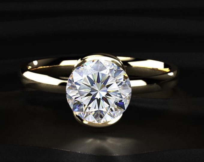 Round Cut Lab Grown Diamond Ring, Bezel Set Engagement Ring, Solitaire Gold Ring, Minimal Wedding Ring, Anniversary Gift