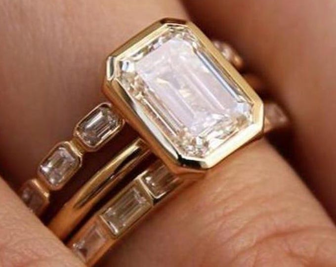2 Carat Emarald Cut Moissanite Ring With Contour Bands, 3 Piece Bridal Sets In Gold Engagement and Wedding Ring Gift For Her