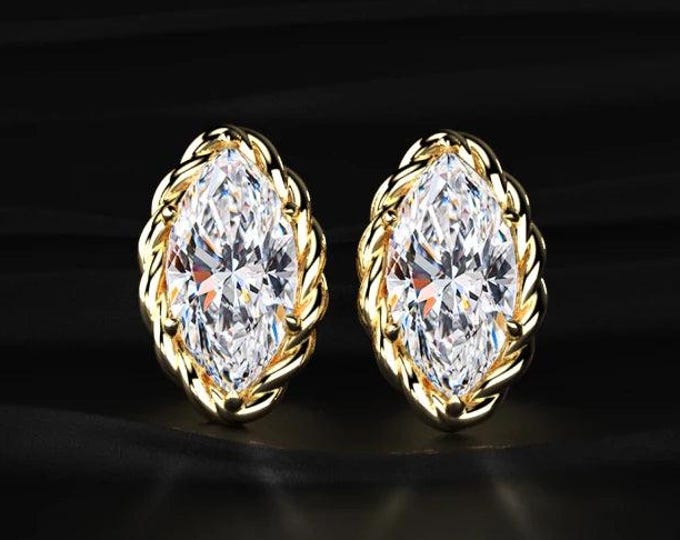Marquise Diamond Stud Earrings Rope Halo Lab Grown Diamond Studs Yellow Gold Minimalist Elegant Gift for Her Jewelry